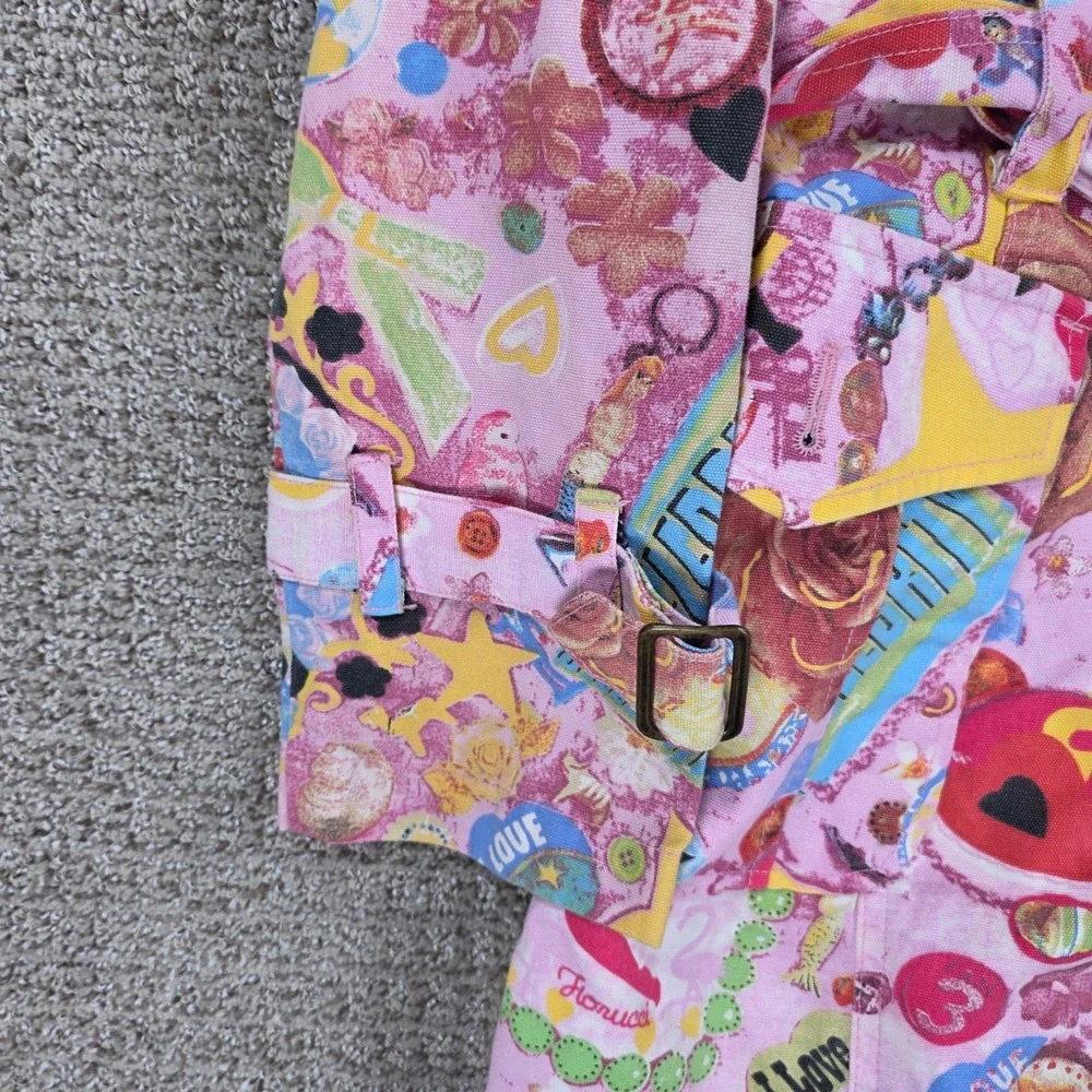 Fiorucci Women Pink Graphic Collage Print Belted Trench Coat Jacket Size L